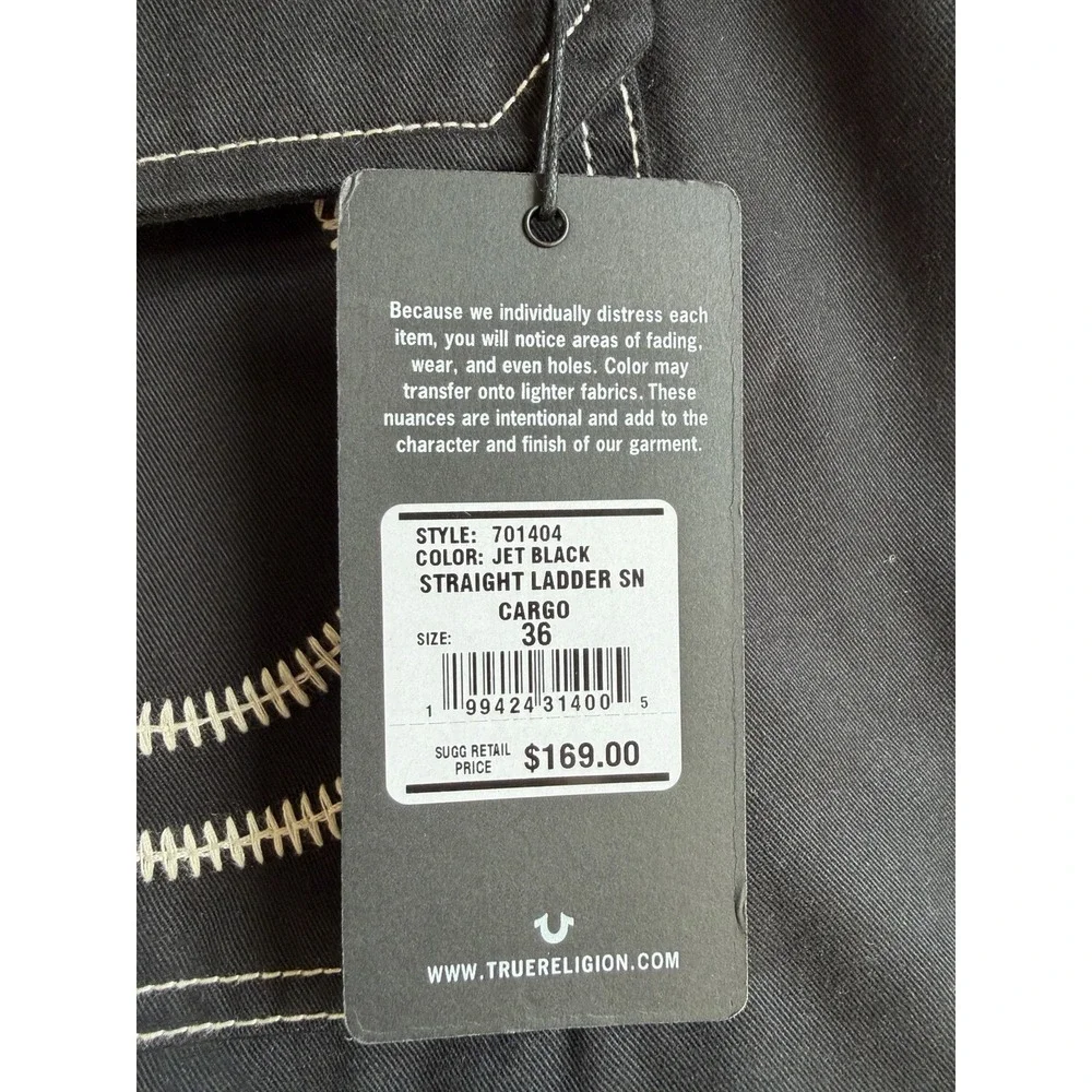 NWT True Religion Men's 36x32 Black Cotton Straight Fit Cargo Pants